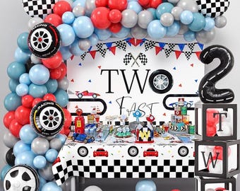 Two Fast Birthday Decorations Race Car Party Supplies for 2 Year Old Boy Racing Balloon Garland Arch Kit Backdrop 2nd Two Fast Birthday