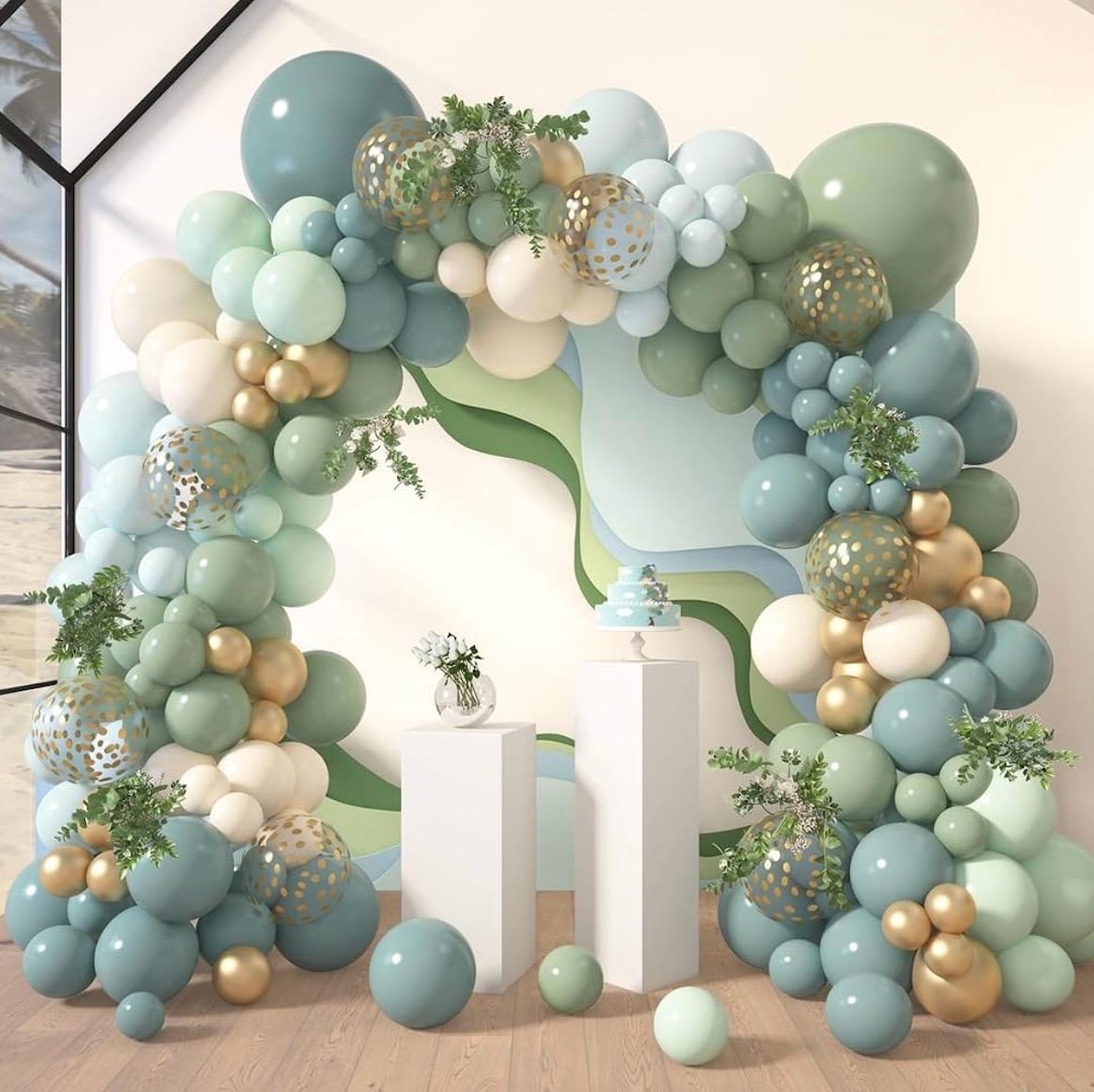 PoDhey 133 Pcs Balloon Garland Kit - Green Blue Gold Teal With Butterflies For Baby Shower & Party Decor