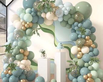 170Pcs Dusty Blue Green Balloon Garland Arch Kit Haze Fog Blue Ash Mist Sage Green Sand White Gold Confetti Balloons for Baby Shower Wedding