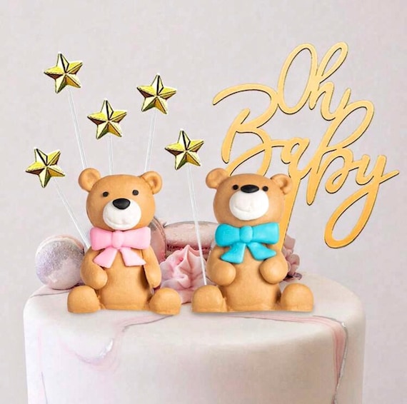 Décoration Gâteau Ours Bleu Et Boules Dorées - Kit Pour Douche Bébé, Anniversaire, Thème Ourson