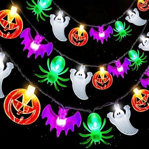 Halloween Lights, 20FT 40 LED Pumpkin Ghost Bat Spider String Lights Battery Operated ,8 Lighting Mode for Home Window Indoor Outdoor Decor