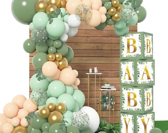 143 piezas de cajas para bebé, decoraciones para baby shower en color verde salvia, kit de guirnalda de globos verde oliva, 4 bloques para bebé, letras doradas para niño y niña de género neutro.