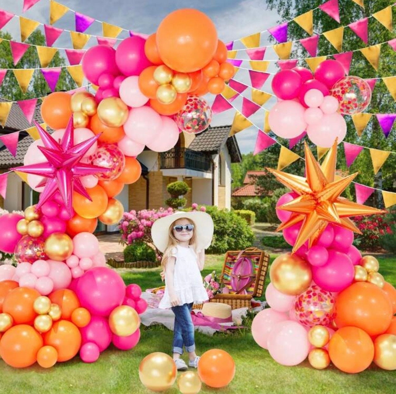 Kit arco ghirlanda di palloncini rosa e arancioni, 146 palloncini in lattice rosa acceso, arancioni e oro metallizzato con palloncino a forma di stella esplosiva rosa acceso e arancione - Italia