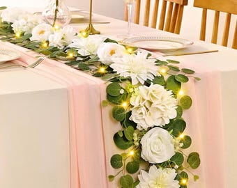 Guirlanda de flores de 1,80 m com luzes, guirlanda floral de rosas brancas, flores artificiais para decoração de arco de casamento, mesas de festa e painel de fundo.
