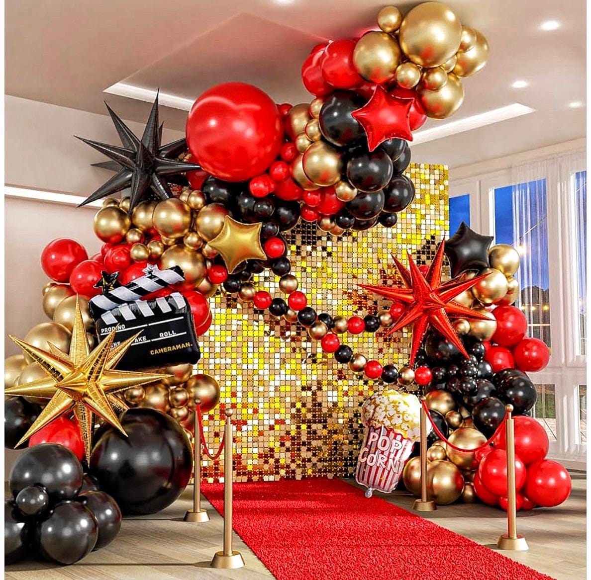 Movie Night Balloon Arch Garland Kit with Red Black and Gold Balloons Movie Foil Balloons for Birthday Movie Night Movie Theater Movie