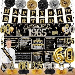 60th Birthday Decorations for Men Women, 21pcs Back in 1965 Banner Party Supplies, Black Gold 60 Year Old Birthday Backdrop, Vintage 60 Bday