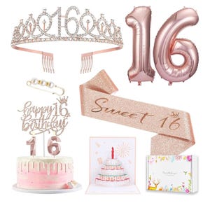 Sweet 16 Birthday Party Decorations for Girls, Sweet 16 Sash and Tiara, Pop up Card, Cake Toppers,Number Candles and Balloons, 16th Birthday