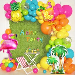 187Pcs Summer Tropical Balloons Garland Arch Kit, Hawaiian Luau Party Decorations, Hot Pink Fruit Green Lake Blue Flamingo Palm Tree Balloon