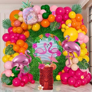 Zestaw girland z balonów w kształcie tropikalnego, intensywnie różowego i pomarańczowego flaminga, 130 szt. z ananasem, idealny na letnią imprezę tematyczną luau na plaży