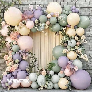 Dusty Green Purple Pink Balloon Garland Double Stuffed Lavender Light Mist Green Ivory Pastel Balloon Arch Kit with Lilac Blush Color