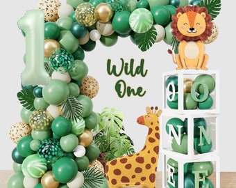 Wild One,First Birthday Decorations Balloon Boxes,Sage Green Gold Number Balloon Garland Arch Kit ,Palm Leaves for Safari Jungle Theme,115pc