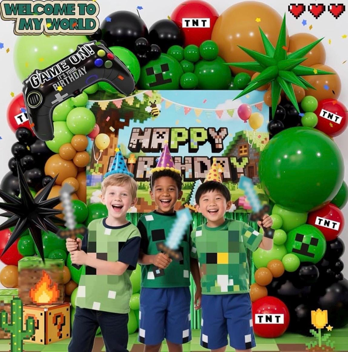 Set Ballons Pixel 6e Anniversaire - Thème Jeu Vidéo, Vert/noir/marron, 31 Ballons + Ruban + Paille