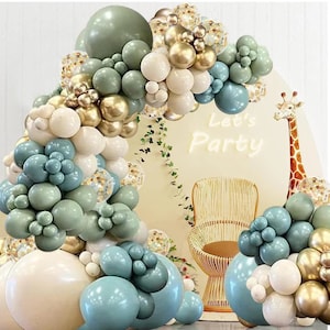 Sage Green Blue Balloons Garland kit, 138pcs Dusty Blue Sand White and Gold Balloons for Boys Baby Shower