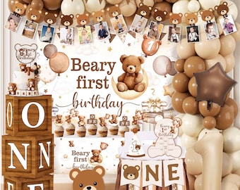 Decoraciones para el primer cumpleaños de Beary, 147 piezas, decoración para el cumpleaños de un oso marrón, pancarta para el día del nacimiento, pancarta para silla alta, caja de globos