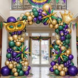 Kit de arco de guirnalda de globos de Mardi en morado, verde esmeralda y dorado con corona y máscara de estrella, globos de mylar para decoraciones de fiesta del Gran Martes Gordo