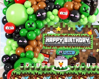Pixel Video Gamer Birthday Party Decorations for Boys, Green and Black Gaming Balloon Garland Kit with Backdrop, Tablecloth, Printed Balloon