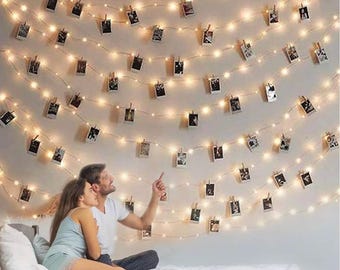 Photo String Lights with Clips for Hanging: 33Ft 100LED & Timer Fairy Light with 50 Clear Clip for Picture Display Indoor Bedroom Room Wall