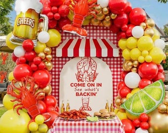 Fournitures de fête pour faire bouillir les écrevisses, kit de 150 guirlandes de ballons écrevisses avec ballons en latex or jaune rouge, ballons en aluminium Lemo à la bière et aux écrevisses