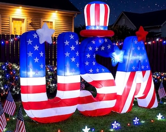 6.5 ft 4th of July Inflatables Decoration USA Letters Memorial Day 250th Anniversary Patriotic Blow up USA Letters Hat with Stars Decoration
