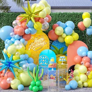Cartoon Sponge Party Dekorationen, Gelb Blau Rosa Klar Ballon Bogen Kit mit Explosion Star Ballons und grünen langen Ballon zum Geburtstag