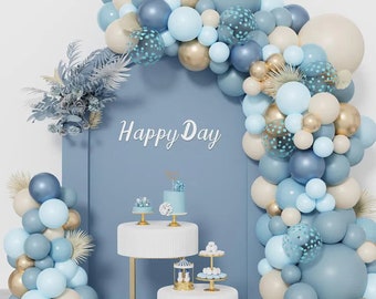 172Pcs Dusty Blue Balloons Arch Garland Kit, Dusty Baby Pastel Blue Chrome Gold Blue Sand White Confetti Balloon