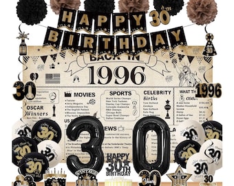30th Birthday Party Decorations for Men Women, Vintage Back in 1996 Banner, Black 30 Number Balloons & Cake Topper, Vintage 1996 30 Birthday