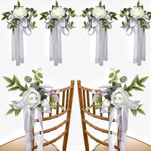 6PCS Wedding Aisle Chair Decorations Pew Flowers Rose Floral Wedding Chair Back Flowers with Leaves & Ribbons Church Chair Bench Pew Flowers