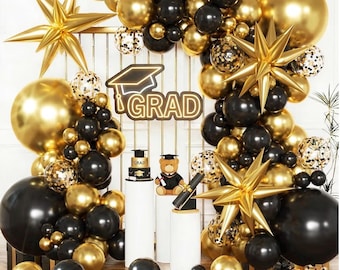 Kit de arco de globos negros y dorados con globos de confeti negros y dorados para decoraciones de graduación 2026, fiesta de graduación, cumpleaños de hombres, baile de graduación, jubilación.