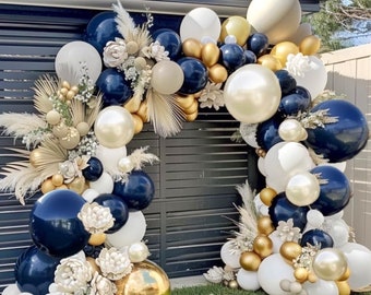 Kit de arco de globos azul marino, blanco, relleno doble, 18/12/10/5 pulgadas, azul real, dorado, blanco perla, arena, azul oscuro, crema