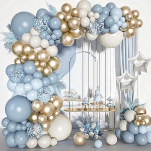 Dusty Blue Balloons Arch Kit, Fog Blue Sand White Champagne Gold Latex Confetti Star Foil Balloon for Baby Bridal Shower Birthday Boho Party