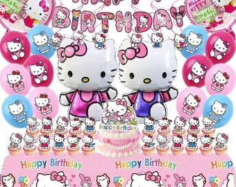 Kitty Birthday Party Decorations Set, with Banner, Balloons, Cake Topper, Cupcake Toppers, Hanging Swirls, Tablecloth - 49pcs