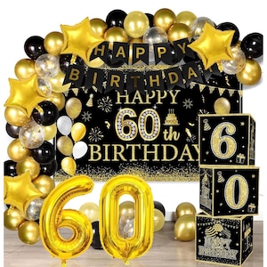 130 Pcs 60th Birthday Decorations for Men Women Black Gold Happy 60th Birthday Balloons Garland Arch Backdrop Banner Boxes Party Supplies 60