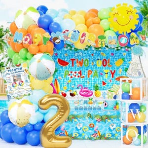 May include: A pool party birthday decoration set featuring a large gold number 2 balloon, a blue and white beach ball balloon, a sun-shaped balloon, and a backdrop with the text Two Cool Pool Party. Includes a personalized birthday sign.