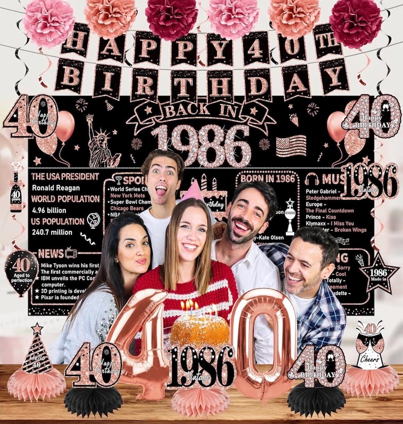 40th Birthday Decorations for Women, 21pcs the Year 1986 Banner Balloon ...