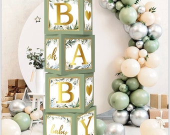 Sage Green 4pcs Baby Boxes with Letters for Baby Shower  Safari Baby Shower Decorations Boy Girl Balloon Boxes ,Gender Reveal, Baby Shower