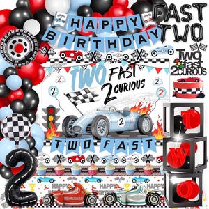 2 Fast Birthday Decorations，Two Fast 2 Curious Racing 2nd Birthday Decorfor Boys Girls 2nd Bday Racing Themed Car Decoration Party Supplies