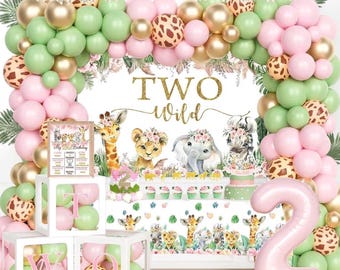Two Wild Birthday Decorations Girl,2nd Birthday Decorations for Girl, Born Two Be Wild Birthday Decor, Jungle Safari Animal Theme 2 Year Old