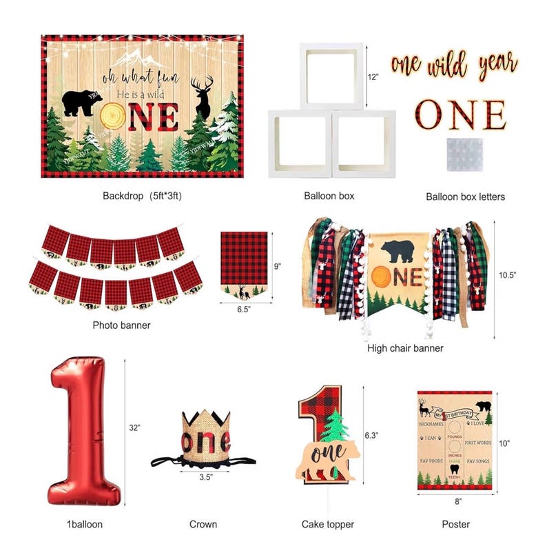 Lumberjack First Birthday Decorations, Lumberjack 1st Birthday Party Supplies,Buffalo Plaid Monthly Photo Banner Highchair Banner First Bday image 3
