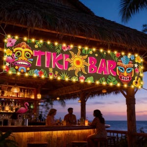 May include: A banner reading "TIKI BAR" with tropical illustrations and string lights. The banner features a sun, flowers, and tiki masks. The bar is open with patrons seated at the bar, with a pink flamingo statue on the bar.