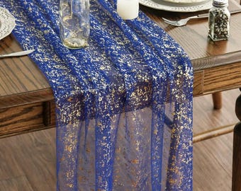 Blue Gold Gauze Table Runner 120 Inch 10FT, Glitter Metallic Foil Sheer Dining Wedding Anniversary Holiday Table Decor for Home Party