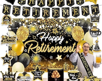 Happy Retirement Party Decorations for Men and Women - Black and Gold Banner, Backdrop Card, Sash, Hanging Swirls, Foil Balloons, Honeycomb