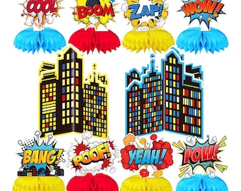 10 Pieces Hero Party Decoration, Hero Honeycomb Centerpieces 3D Table Topper Standing Decorations, Hero-Theme Party Supplies for Birthday