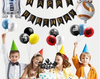 35 piezas de suministros para fiestas de cumpleaños de Galaxy Wars para niños, pancarta de cumpleaños de la serie negra, decoración para tarta de Darth Vader, globos de látex de guerra