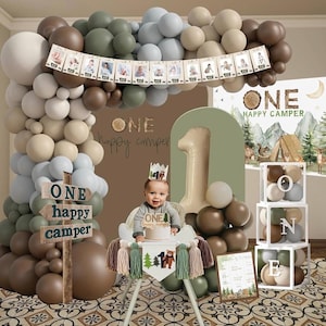 One Happy Camper Birthday Decorations, Camping 1st Birthday Party Supplies with Balloon Arch Balloon Box Backdrop High Chair Banner Crown image 5