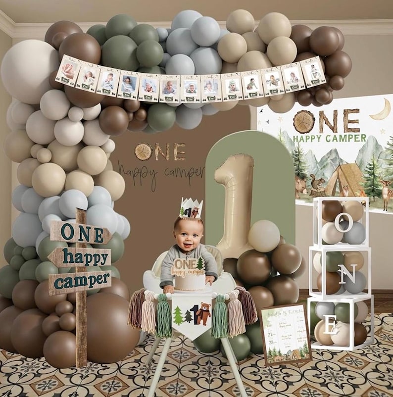 One Happy Camper Birthday Decorations, Camping 1st Birthday Party Supplies with Balloon Arch Balloon Box Backdrop High Chair Banner Crown image 5