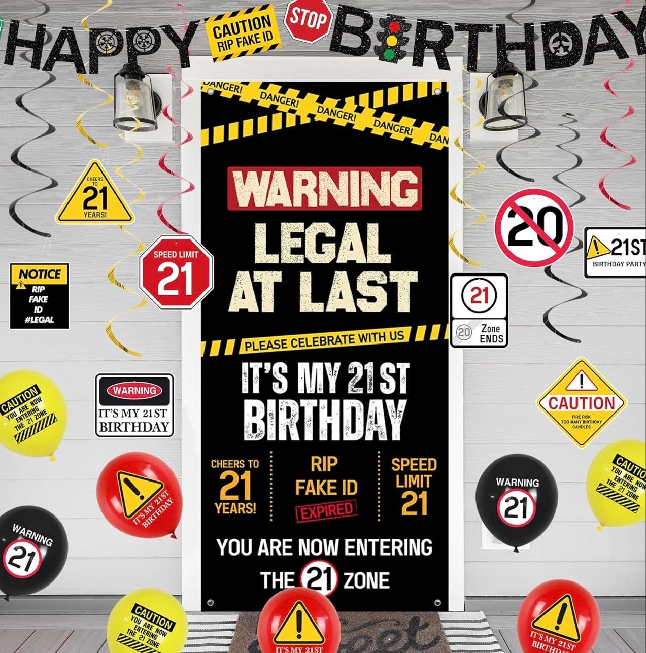 21st Birthday Party Decorations, Black Happy 21st Birthday Banner