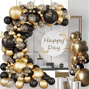 Schwarz Gold Ballon Girlande Bogen Kit, 136 Stück Schwarz Metallic Chrom Gold und Gold Konfetti Ballons Schmetterling für Geburtstagsfeier Abschlussfeier