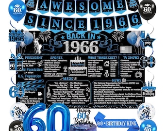 Decoraciones de cumpleaños de 1966 para hombres, 20 piezas de suministros para fiesta de cumpleaños número 60 en negro y azul, pancarta de póster azul de 1966, banda, adorno para tarta
