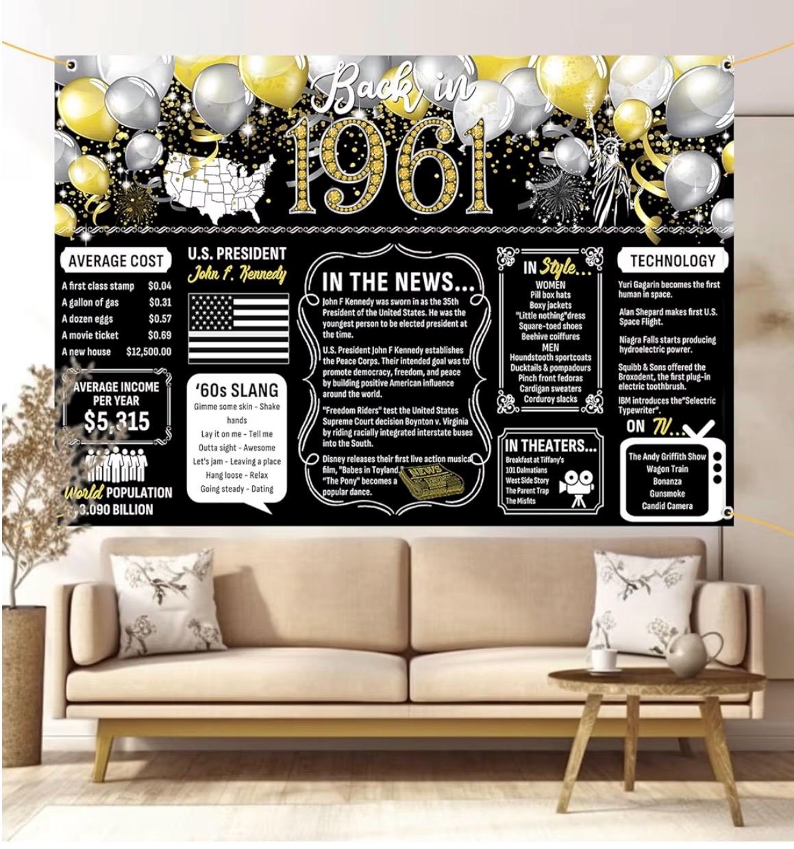 65th Birthday Black Gold Party Decoration Back in 1961 Backdrop Large ...