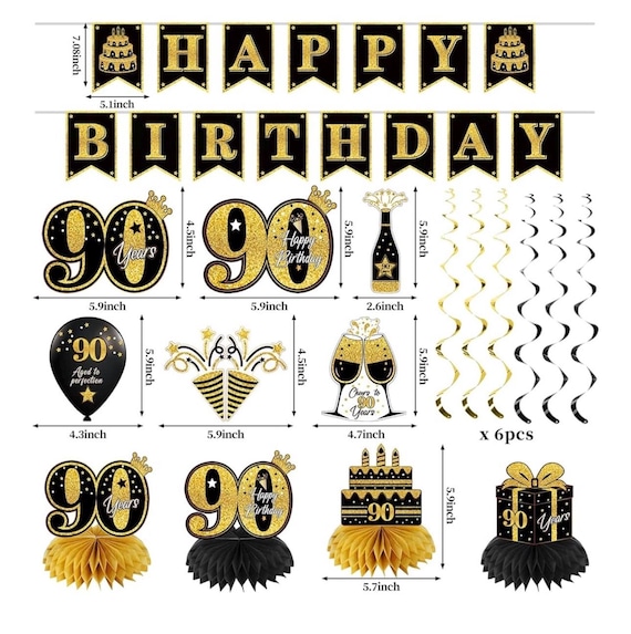 90. Geburtstag Banner Schwarz-gold Holografisch - 3,9m Lang Für Innen & Außen - Partydeko Zum Aufhängen